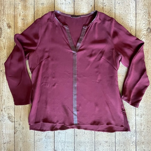 Lafayette 148 Deep Red Silk w/ Leather Detail Long Sleeve Blouse SZ 14 Large - Picture 1 of 6
